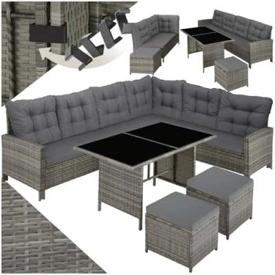Imagen de TecTake® Conjunto Jardín de Ratán Mesa y Cojines, Terraza Resistente a la Intemperie Combinable, Muebles Exterior 5 Piezas, Sofá Esquina, 2 Taburetes 1 Mesa, Acero Gris/Beige
