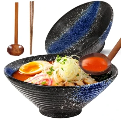 Imagen de Sosayet Ramen Bowl de Cerámica, 2 Juegos Tazón Japonés con Palillos y Cuchara, Tazones Sopa Fideos para Ensalada Frutas, Verduras, Fideos, 1000 ml, 20 x 8 cm