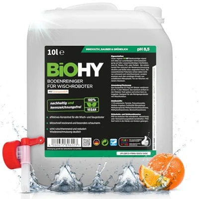 Imagen de BiOHY Limpiador de suelos para robot con aroma a naranja (bidón 10 litros) + grifo salida, concentrado detergente todos los robots limpieza, sin espuma y rayas,