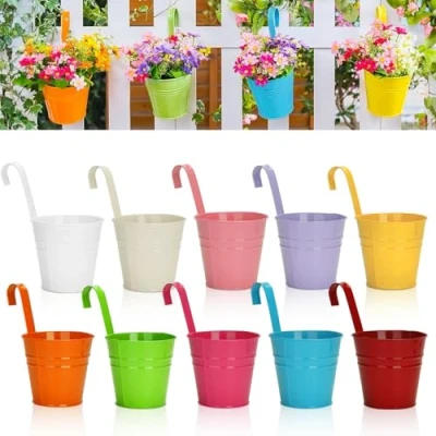 Imagen de KINGLAKE 10 Piezas de macetas Colgantes, Hierro Metal con Orificio Drenaje decoración del hogar jardín (10 Colores)