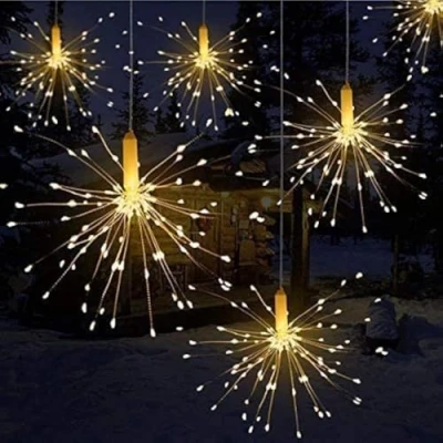 Imagen de luces de hadas LED, Qtiwe con navideñas remotas al aire libre pilas, fuegos artificiales explosivos, blanco cálido (120 luces)