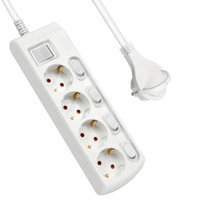 Imagen de EXTRASTAR Regleta Alargador con 4 Enchufes + Interruptor Individuales, 1 Principal, Cable 1.5M Clavija Plana, para el hogar, Oficina y Viajes, 16A, 250V, 3680W, Blanco