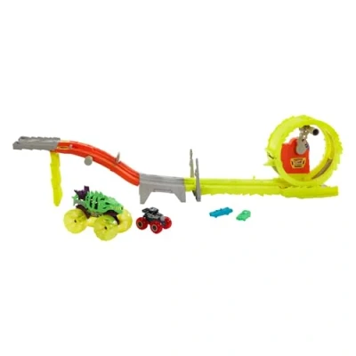 Imagen de Hot Wheels Monster Trucks Power Smashers Race &amp; chase challenge, Pista para coches de juguete que incluye vehículos Skelesaurus y Bone Shaker, regalo niños niñas +4 años, HYT07