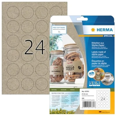 Imagen de HERMA 10761 Etiquetas universales de papel hierba redondas, 20 hojas, diámetro 40 mm, 24 hojas por A4, 480 unidades, autoadhesivas, imprimibles, mate, en blanco, silphie, marrón natural