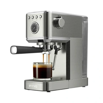 Imagen de EVVO Cafetera Express Intensa, Presión de 20 bares, Cuerpo Acero, Espressos y Capuccinos, 1350W, Doble salida, Portafiltros, Depósito 1,2 l, Calentamiento Rápido (Steel, Con manómetro)