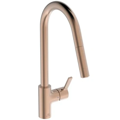 Imagen de Ideal Standard Gusto, monomando para fregadero de cocina, caño alto tubular con ducha mano ajustable y extraíble dos funciones, Sunset Rose