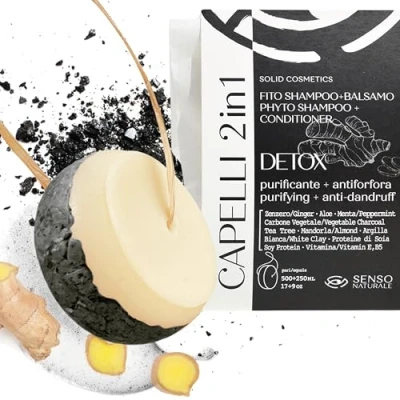 Imagen de Senso Naturale Champu y Acondicionador Sólido Detox Purificante Anticaspa Para Pelo Graso No Reseca las Puntas, Carbón Vegetal, Árbol de Té, Jengibre, 100% Natural, Bio Vegano, pH 4.5 5 (2 en 1)