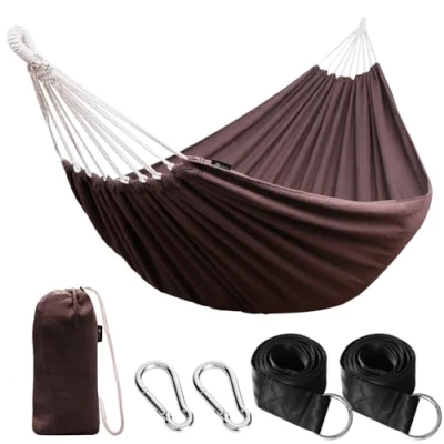 Imagen de Anyoo Hamaca de Algodón para Jardín al Aire Libre con Tela Cómoda y Correas Amigables los árboles Colgar, Duradero Portátil Bolsa Exterior/Interior, Terraza, Patio, Camping