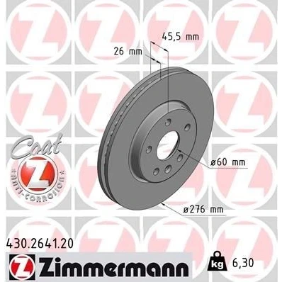 Imagen de ZIMMERMANN COAT Z 430.2641.20 Disco de freno 276 26 6/5 5 105 ventilación interna revestido altamente carbonizado OPEL: Astra K Hatchback