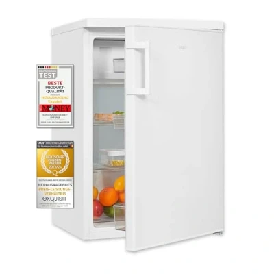 Imagen de Exquisit® Frigorífico Table Top, 120L, Clase E, Color Blanco, Estantes de Cristal, Puerta Reversible, Cajón Verdulero, Regulación en Altura, Consumo 137 kWh/año, Medidas 85x56x57,5 Cm.
