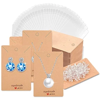 Imagen de Peysaitr 50 tarjetas de joyería exhibición papel kraft almacenamiento, pendiente, soporte para con pendientes traseros y 100 bolsas autosellantes DIY embalaje joyas