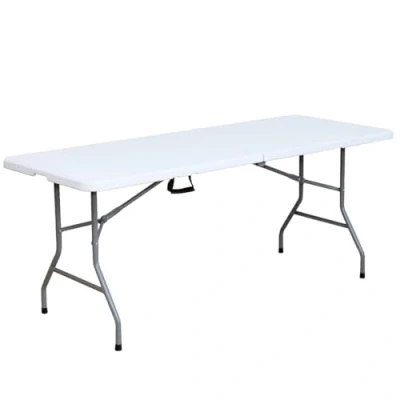 Imagen de Acomoda Textil Mesa Rectangular Portátil para Jardín, Terraza y Camping. Blanca Plegable de Interior Exterior, Resistente Duradera con Asa Transporte 180x69x74 cm