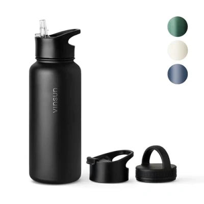 Imagen de Vinsun Botella Agua Acero Inoxidable 1L Termica con Pajita (3 Tapas) sin BPA, Doble Pared, Prueba de Fugas Cantimplora para Deporte, Oficina, Viaje