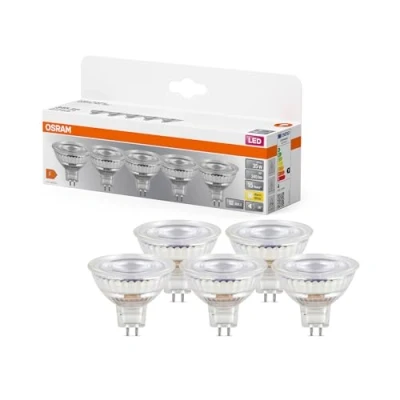 Imagen de OSRAM LED BASE MR16, paquete de 5 bombillas baja tensión, reemplaza reflectoras tradicionales 35W, blanco cálido (2700K), 3.8W, casquillo GU5.3, vidrio mate, no regulable