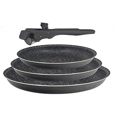 Imagen de Bergner Click &amp; Cook Juego de Sartenes 3 Piezas Aluminio Prensado y Antiadherente Incluye 20, 22 26 cm con Mango Ergonómico Extraíble para Todo Tipo Cocinas Horno