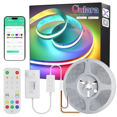 Imagen de OULARA RGB Smart IC COB led Tira Direccionable 10M,Tira de Luz Flujo Color 24V con Modo Música,Flexible Multicolor WIFI Controlador y Alimentación para Decoración Fiestas