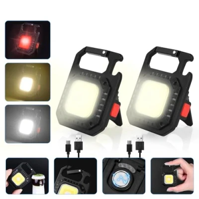 Imagen de URAQT Mini Linterna LED, 2PCS Llavero Abrebotellas COB Linternas, 800 Lúmenes USB Bolsillo Linternas con Magnética Gancho, Impermeable Lámpara de Inspección para Camping Emergencia