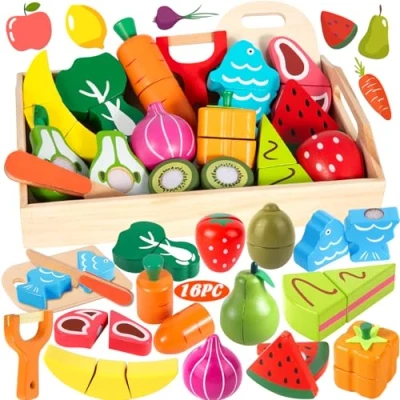 Imagen de Vautvis Frutas Y Verduras Juguete Madera, 16 Accesorios Cocinita de Infantil, Comida Madera Cocinita, Fruta para Cortar, Niños 1 2 3 4 Años