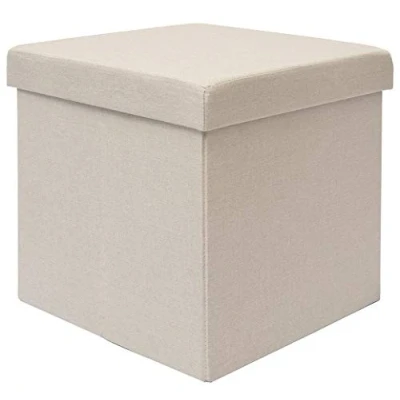 Imagen de DuneDesign Puf 38cm Escabel con cajón Contiene 42L Banqueta para los pies Caja Tapa Acolchada Reposapiés Plegable Taburete Cuadrado Beis Gris