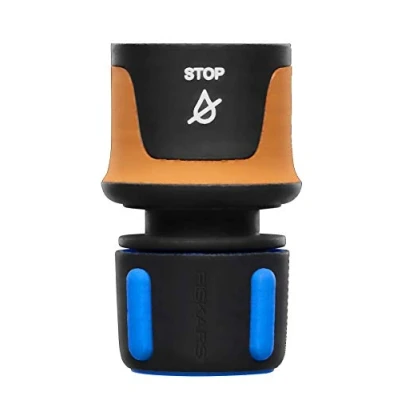 Imagen de Fiskars Conector de manguera, Tamaño universal, Ø 13 15 mm (1/2 5/8&quot;), Puntos contacto SoftGrip, 30 g, Negro/Naranja/Azul, STOP, 1027079