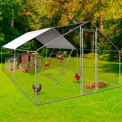Imagen de IDMarket Recinto gallinero 12 m² 4x3 M con percha grande 4 niveles de madera, acero galvanizado