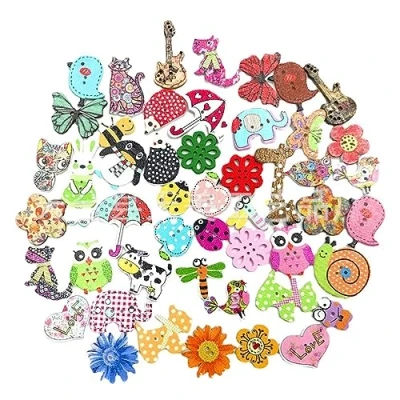 Imagen de 50 Piezas Botones de Animales Madera, Mixtos Multicolor, Variedad Estilos Costura 2 Agujeros para Manualidades, Decoración, Accesorios Ropa Scrapbooking