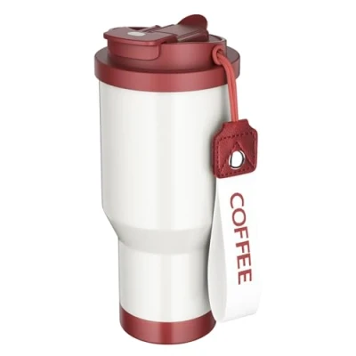 Imagen de Vaso Termo Cafe para Llevar Taza Café Coffee Mug 530ml de Acero Inoxidable 304, Doble Pared Aislante, 360 Antigoteo, con Tapón Pajita y Boquilla Bebida Caliente Fría (Roja)