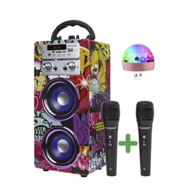 Imagen de Máquina de Karaoke Portátil DYNASONIC, Altavoz con 2 Micrófonos, Bluetooth, Luz USB incluida, Lector y SD, diseño Exclusivo, Regalo Original (025 12 luz)