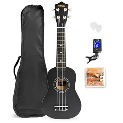 Imagen de MAX UKEY Set de ukelele soprano fabricado en madera Tilo adulto Incluye: guitarra 21 pulgadas, bolsa ukulele, púas, afinador y cuerdas repuesto Color Negro