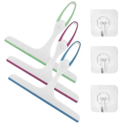 Imagen de Chiluxendo 3 Piezas Rasqueta Limpiacristales Ducha de Plástico, Limpia Mamparas Cristal Versátil, Cristales Ducha, Shower Glass Squeegee, Escobilla con Ganchos (Azul Rosa Verde)