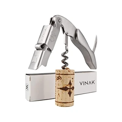Imagen de VINAK Sacacorchos camarero profesional XPERT INOX en acero inoxidable con doble apoyo articulado + abrebotellas navaja cortacápsulas y espiral