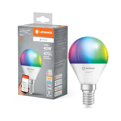 Imagen de LEDVANCE Lámpara LED SMART+ MATTER, compatible con Google, Alexa, Apple, acabado esmerilado, 4,9W, 470lm, base E14, función RGBW, luz blanca, control por app o voz, vida útil de hasta 20.000 horas