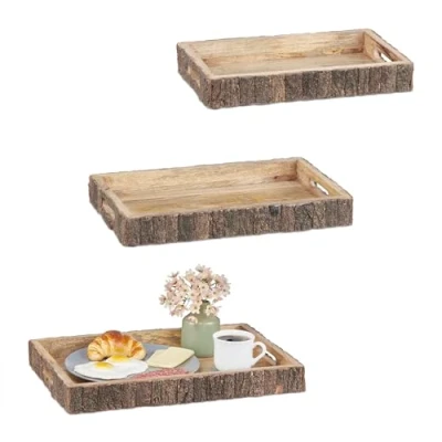 Imagen de Relaxdays 3 Bandejas Rectangulares de Madera Mango, con Asas, Desayuno, Decorativas, Diferentes Tamaños, Natural, 5 x 46,5 31,5 cm