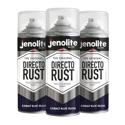 Imagen de JENOLITE Directorust Pintura en aerosol brillante AZUL COBALTO 3x400ml de óxido directo para metal Múltiples superficies: madera, metal, plástico RAL5013