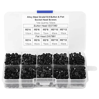 Imagen de FTVOGUE 720pcs Cabeza de ZóCalo Hexagonal M3 * 4/6/8/10/12 Pernos Plana Acero AleacióN Negro Tornillos Tuercas Con Caja PláStico