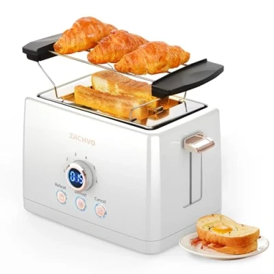 Imagen de ZACHVO Tostadora con accesorio para panecillos, 6 niveles de tostado, 850 W, bandeja recogemigas extraíble, pantalla LED, alta elevación, calentamiento, descongelación, función cancelación
