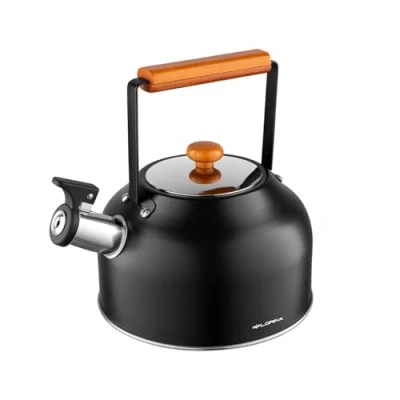 Imagen de FLORINA hervidor de agua (2,5 l) Tetera acero inoxidable TOKYO flauta con mango madera silbato automático estilo japonés para cocina inducción,
