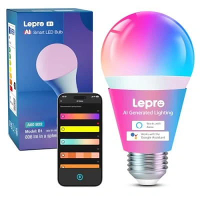Imagen de Lepro B1 AI Bombilla LED E27,Bombilla Inteligente Alexa 9W LLM, RGB Regulable Bombillas, Wi Fi Control de Voz, Sync Música Asistente Diseño Iluminación AI, Funciona con Alexa,Google Home,1Pcs