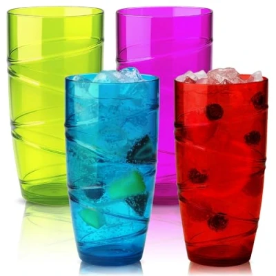 Imagen de HEFTMAN Juego de 4 Vasos plástico acrílico 550 ml con diseño remolino reutilizables para jardín, picnics, camping, barbacoas, fiestas piezas (Color)