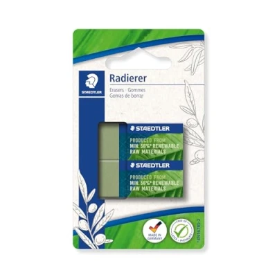 Imagen de Staedtler Goma de borrar hasta un 56% natural y renovable, sin ftalatos ni látex, tamaño 43 x 19 13 mm, 2 gomas verde oliva en blíster, 526 83BK2