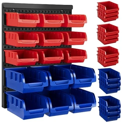 Imagen de BAKAJI Panel de pared 16 piezas con contenedores portaherramientas taller, soporte para herramientas garaje, montaje en pared, 9 cajas pequeñas y 6 medianas, organizador extraíble apilable