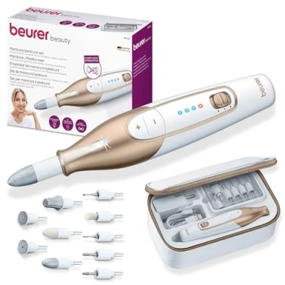 Imagen de Beurer MP 64 Set de manicura y pedicura profesional con batería recargable, torno para uñas inalámbrico, 10 accesorios el cuidado las uñas, luz LED
