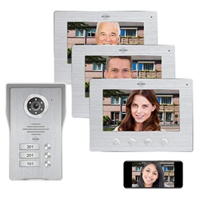 Imagen de ELRO DV477IP3 Videoportero IP WiFi 3 familias con Pantallas a Color de 7 Pulgadas Night Vision Vista en Vivo y comunicación través la aplicación, Aluminio Cepillado