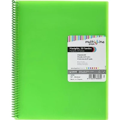 Imagen de Grafoplás Carpeta 20 Fundas Transparentes A4 Color Verde Espiral PVC Tapas Polipropileno Gomas de Cierre Maxiplás Multiline
