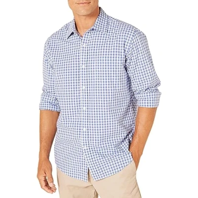 Imagen de Amazon Essentials Camisa Informal de Popelina con Manga Larga y Corte Recto Hombre, Azul Blanco Cuadros Vichy Grandes, XXL
