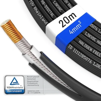 Imagen de hb digital 20m cable solar 4 mm2 certificado TÜV Rheinland H1Z2Z2 resistente a los rayos UV flexible, cobre puro 1500 V de extensión fotovoltaico para panel inversor negro