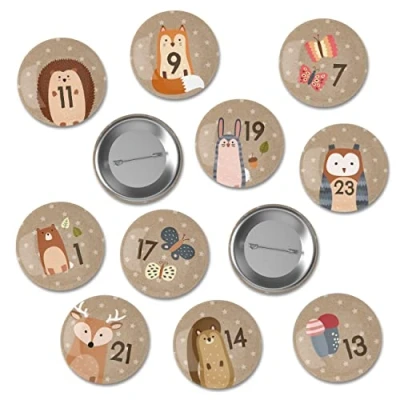 Imagen de Papierdrachen Button Calendario de adviento, 35 mm, 24 pines solapa para decorar calendarios con números 1 a 24, animales del bosque, ideal bolsas tela, y bolsas,