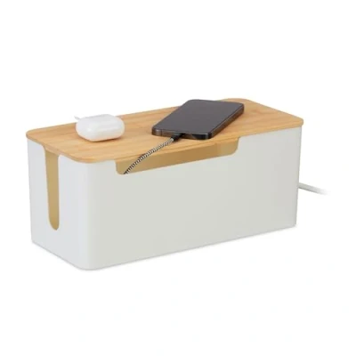Imagen de Relaxdays Caja Organizadora de Cables para 2 Regletas, Tapa Bambú, Plástico, 13x31x14 cm, Escondecables, Blanco/Natural