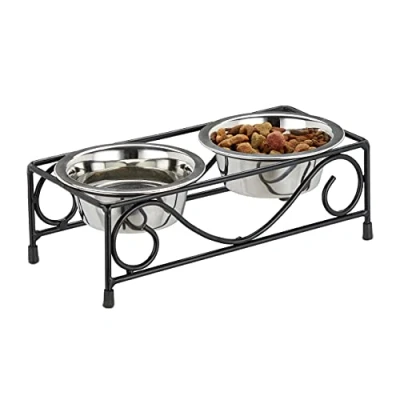 Imagen de Relaxdays Hunde Napfset Comederos Perro con Soporte Elevado, Bebedero Mascota, 2 Cuencos Gato 300ml, Acero Inoxidable, Negro/Plateado, 300 ml