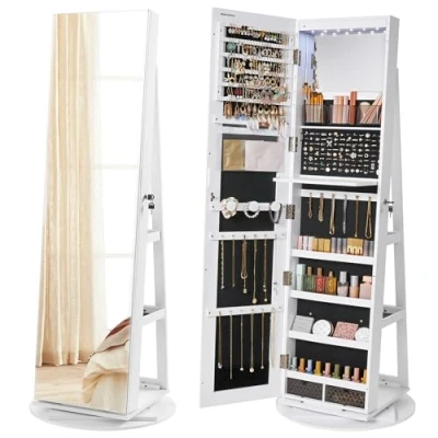 Imagen de SONGMICS Espejo Joyero con 6 LEDs, Armario de Joyas Giro 360, Organizador Giratorio, sin Marco, Completo Almacenaje, Superficie Blanco y Forro Negro JJC007W01